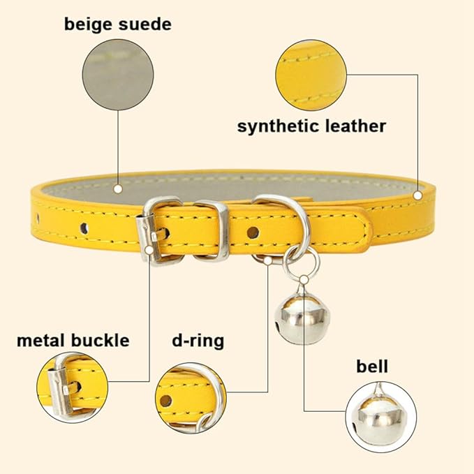 White Cat Collar with Bell, Soft Pu Leather Small Dog Collars Adjustable Buckle - Image 4