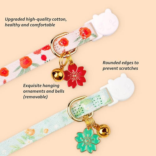 2 Pack Cotton Breakaway Cat Collar Green and Red Flowers Pendant Cute Kitten - Image 2