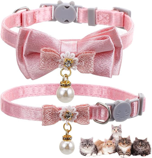 2 Pack Pink Cotton Cat Collars for Girl Cats, Cute Pearl Bow Kitten Collar by Xinjoduz