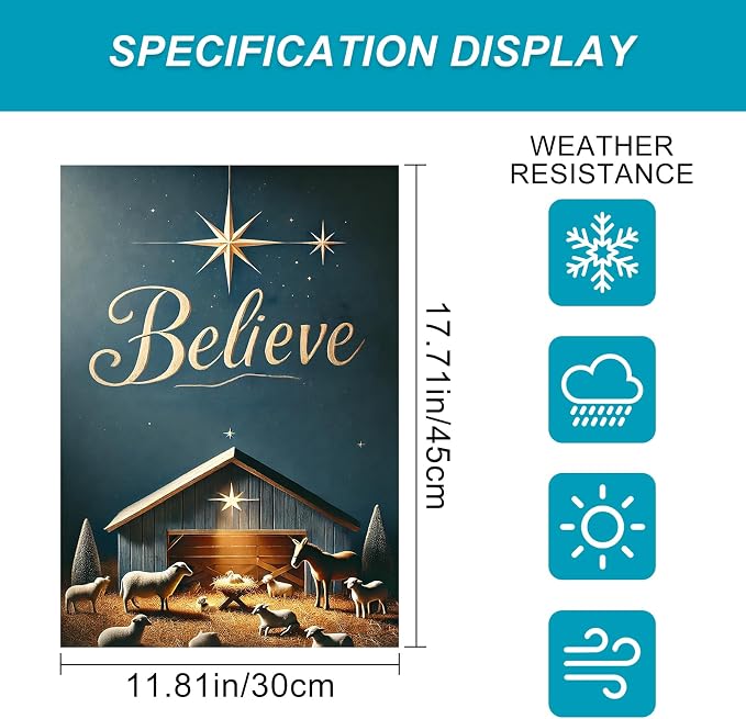 Christmas Nativity Garden Flag 12x18 Double Sided Believe Starry Night Stable - Image 3