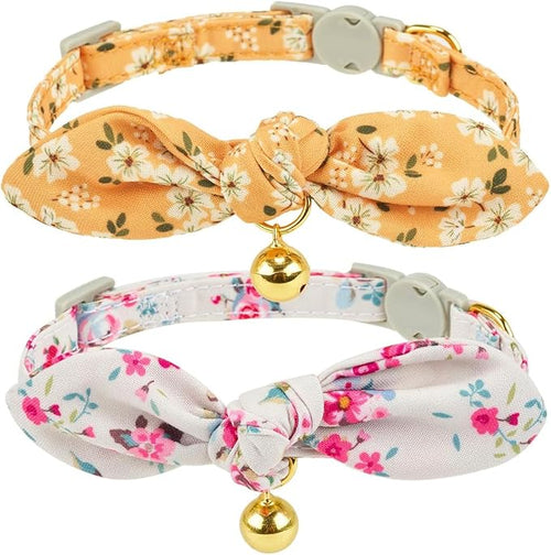 2 Pack Cotton Cat Collar, Removable Bowtie, Floral Pattern, Safety Breakaway by Petiry