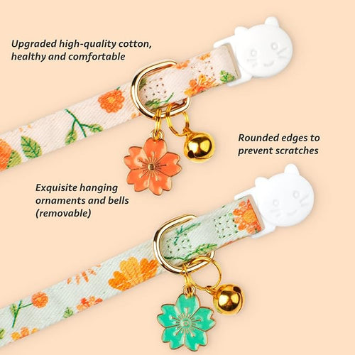 2 Pack Cotton Breakaway Cat Collar Beige and Green Flowers Pendant Cute Kitten - Image 2