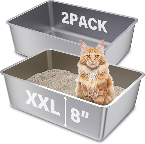 2 Pack Stainless Steel Cat Litter Box, 23.6"x15.8"x8" XXL Stainless Steel by Futam