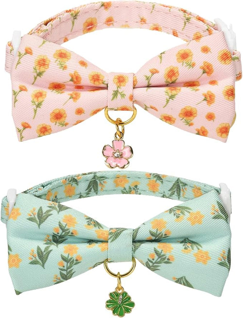 2 Pack Cat Collars, Removable Bowtie, Floral Pattern, Safety Breakaway Clasp by Petiry