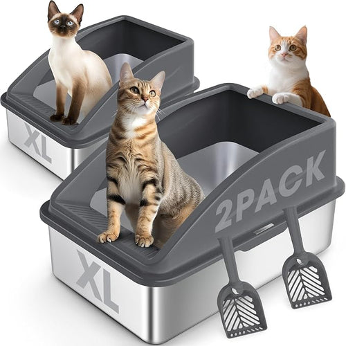 2 Pack Stainless Steel Litter Box | XL Enclosed Cat Litter Boxes by AIPERRO