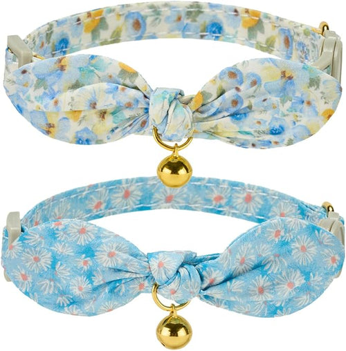 2 Pack Cotton Cat Collar, Removable Bowtie, Floral Pattern, Safety Breakaway by Petiry