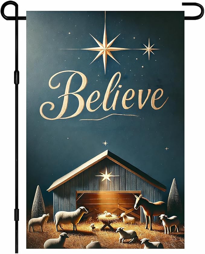 Christmas Nativity Garden Flag 12x18 Double Sided Believe Starry Night Stable by BlissYard