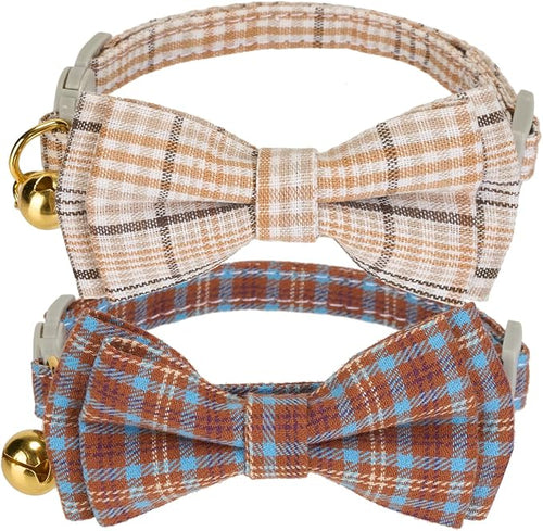 2 Pack Cotton Cat Collar, Removable Bowtie, Plaid Pattern, Safety Breakaway by Petiry