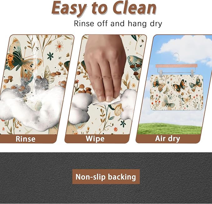 Butterfly Dog Food Mat for Floors, Boho Garden Vintage Absorbent Pet Food and - Image 4