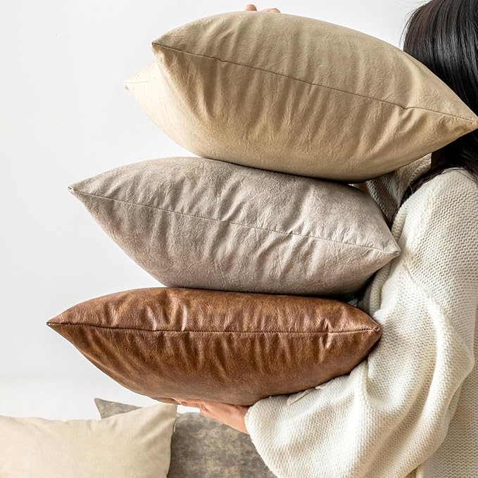 Pack of 2 Neutral Decorative Faux Leather Throw Pillow Covers, Boho Luxury - Image 3