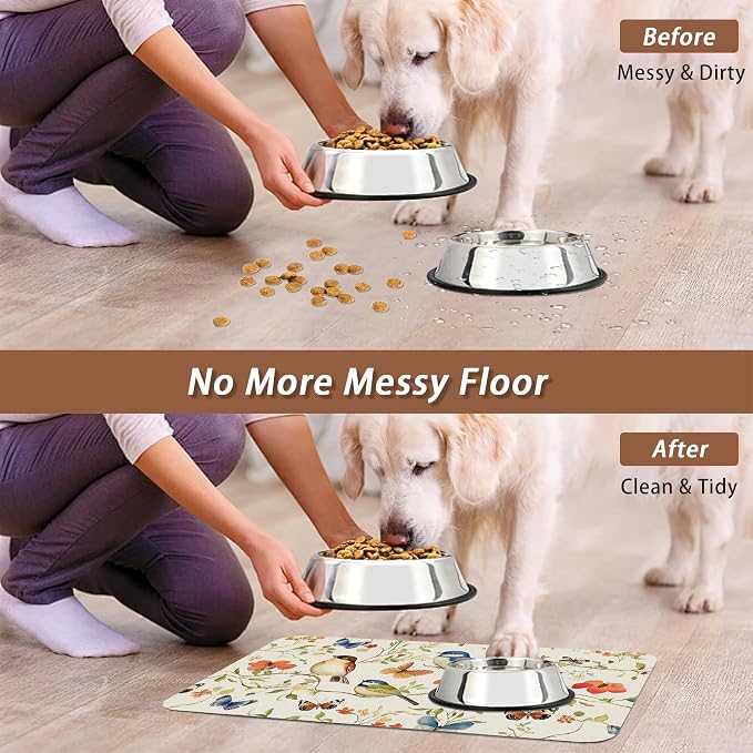 Butterfly Bird Dog Food Mat for Floors, Vintage Nature Absorbent Pet Food and - Image 5