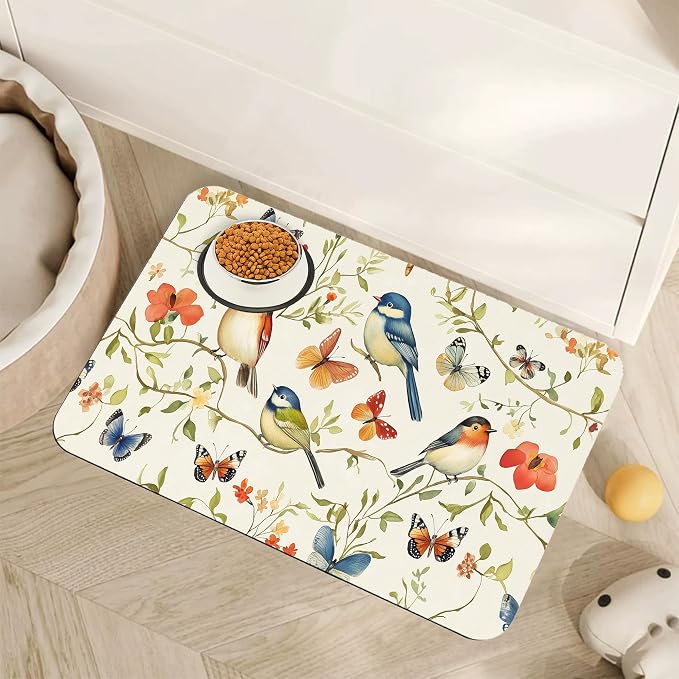 Butterfly Bird Dog Food Mat for Floors, Vintage Nature Absorbent Pet Food and by Unknown