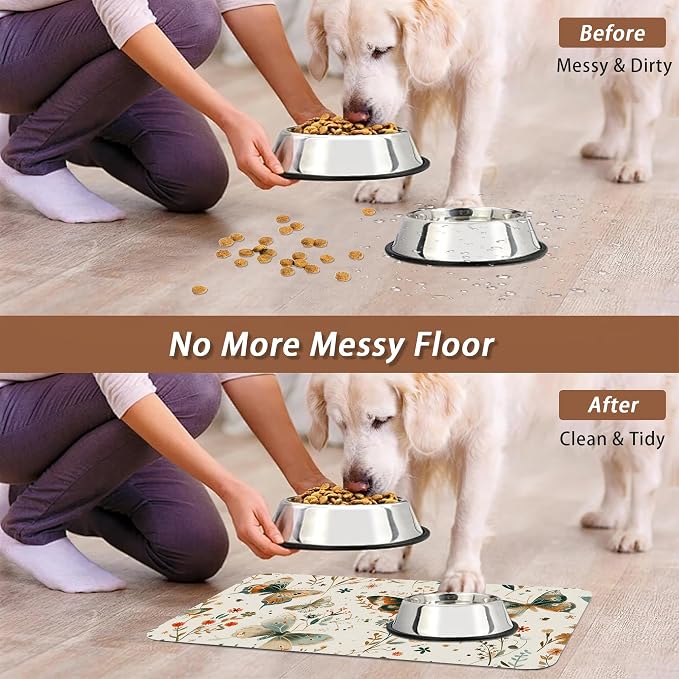 Butterfly Dog Food Mat for Floors, Boho Garden Vintage Absorbent Pet Food and - Image 5