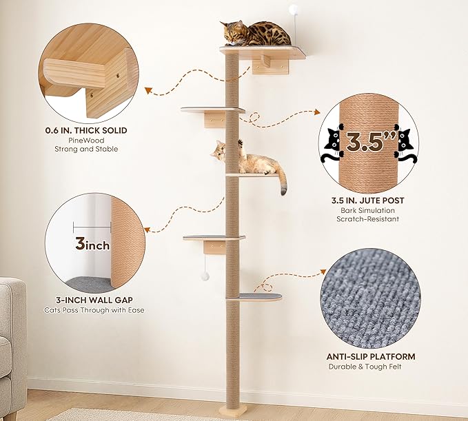 5-Tier Floor-to-Ceiling Cat Tree Tower, Upgraded Grey Felt Kittens Wall Shelves - Image 3