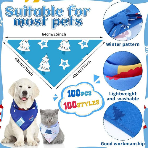 100 Pcs Winter Dog Bandanas Bulk Pet Bibs Blue Triangle Scarf Snowflake Pet - Image 2
