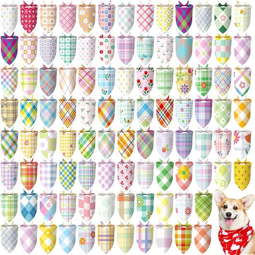 100 Pcs Spring Dog Bandanas Bulk Pet Bibs Colorful Triangle Scarf Pet Bandanas by Huhumy