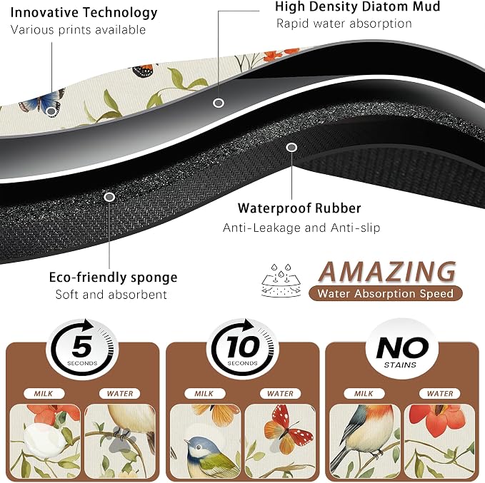 Butterfly Bird Dog Food Mat for Floors, Vintage Nature Absorbent Pet Food and - Image 3