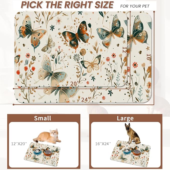 Butterfly Dog Food Mat for Floors, Boho Garden Vintage Absorbent Pet Food and - Image 2