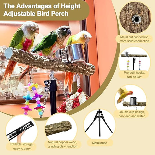16-63 Inch Height Adjustable Bird Perch Pepper Wood Parrot Training Perch Stand - Image 2