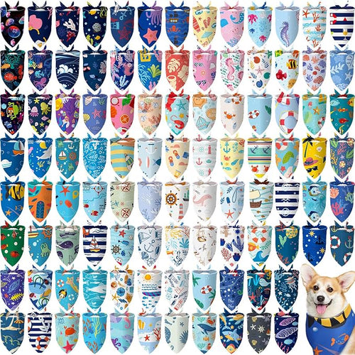 150 Pcs Ocean Dog Bandanas Bulk Summer Pet Bibs Triangle Ocean Themed Pet Scarf by Huhumy