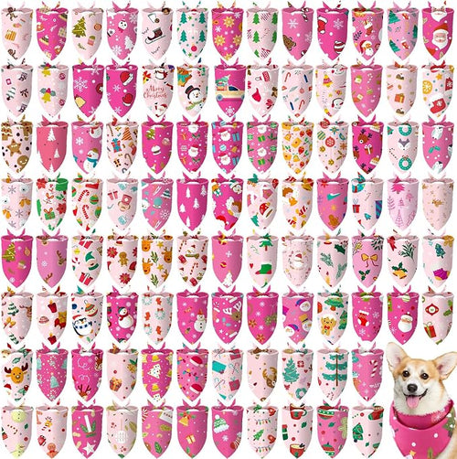 100 Pcs Christmas Dog Bandanas Bulk Pet Bibs Pink Triangle Scarf Pink Pet by Huhumy